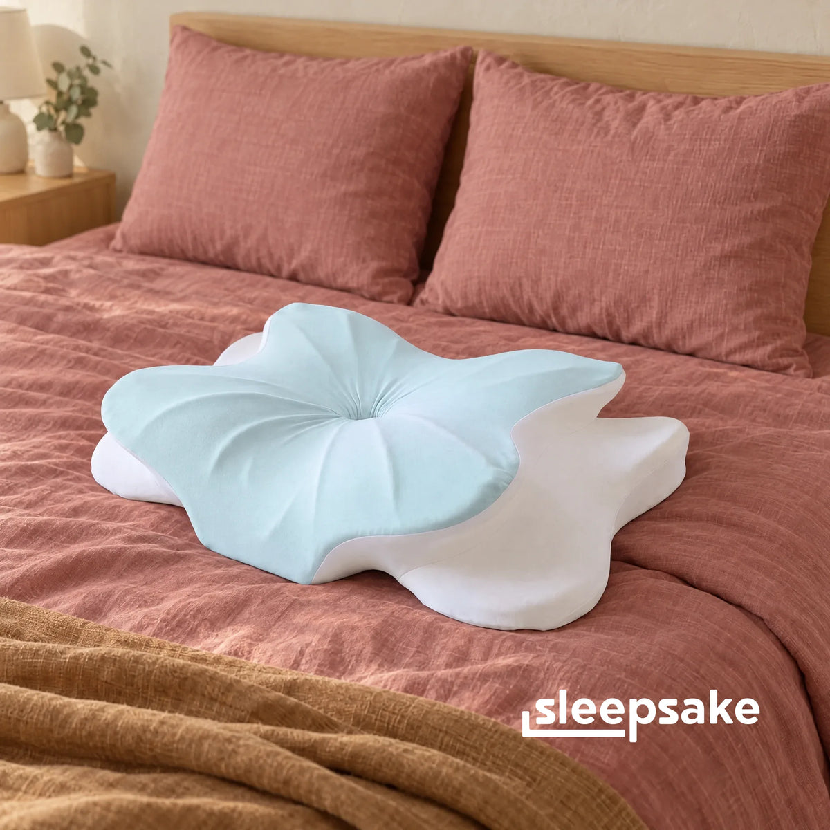 Sleepsake Butterfly Pillow on a made bed with dusty-rose linen
