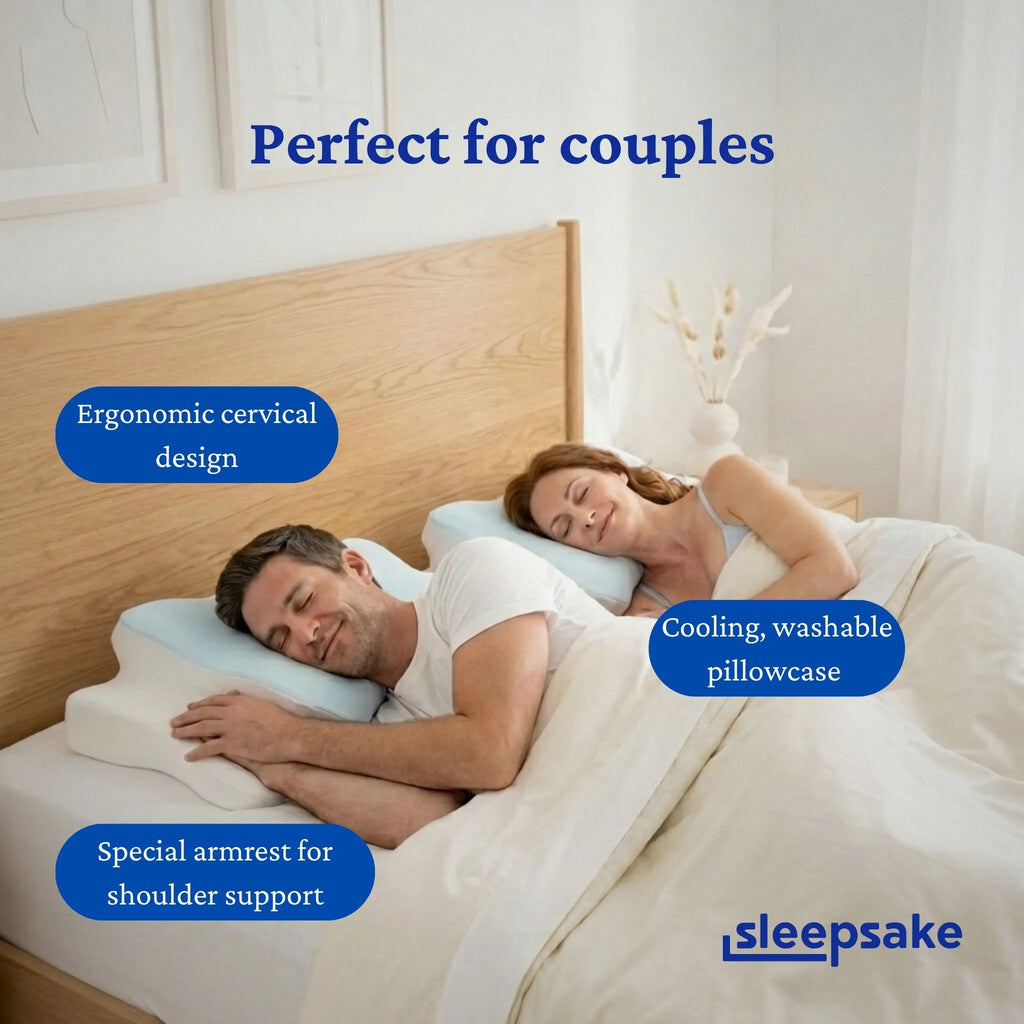 Couple sleeping with Sleepsake Butterfly pillow showcasing that it has cooling, washable pillowcase and a ergonomic cervical design