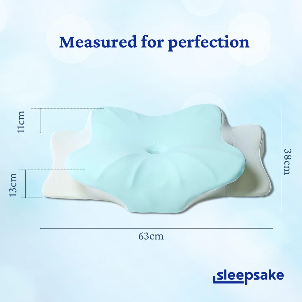 Dimensions of the Sleepsake pillow with 'Measured for perfection' text.