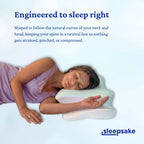 Woman sleeping on a Sleepsake Butterfly pillow with text about its design.