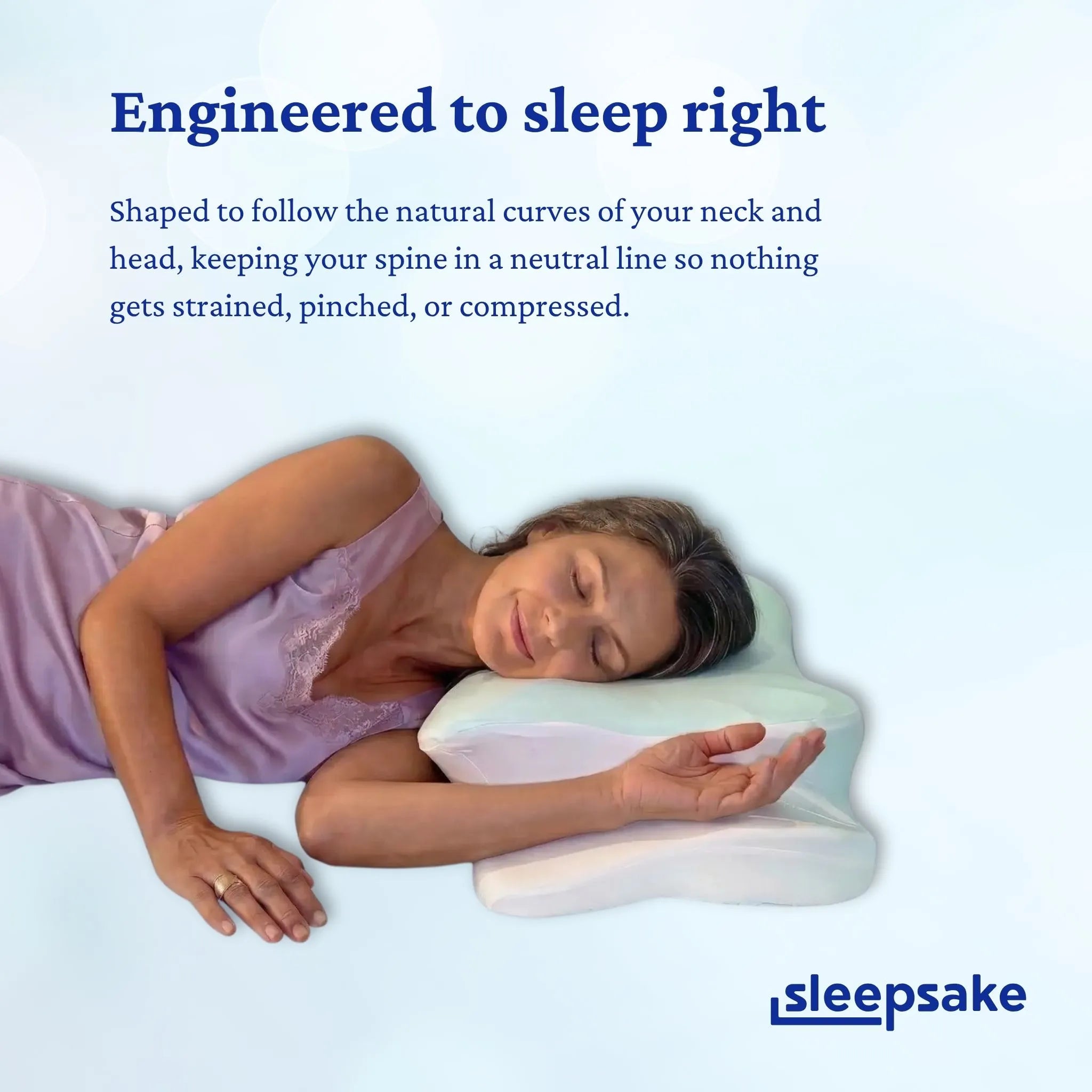 Woman sleeping on a Sleepsake Butterfly pillow with text about its design.