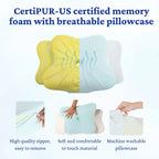 Sleepsake Butterfly pillow shows it's memory foam is CertiPUR-US certified, and it's pillowcase is soft and machine washable.