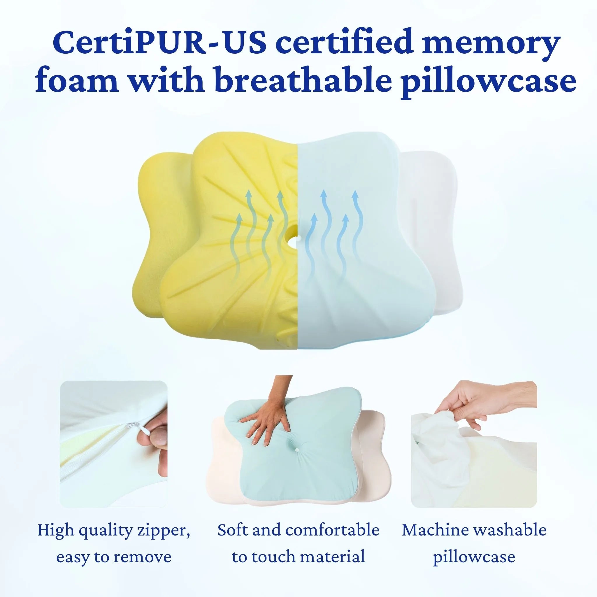 Sleepsake Butterfly pillow shows it's memory foam is CertiPUR-US certified, and it's pillowcase is soft and machine washable.
