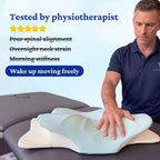 Physio checking the Sleepsake butterfly pillow with text about its benefits for spinal alignment and neck strain.