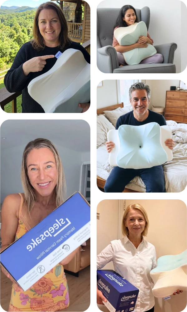 Masonry of people using Sleepsake Butterfly Pillow for comfort and support in different settings.