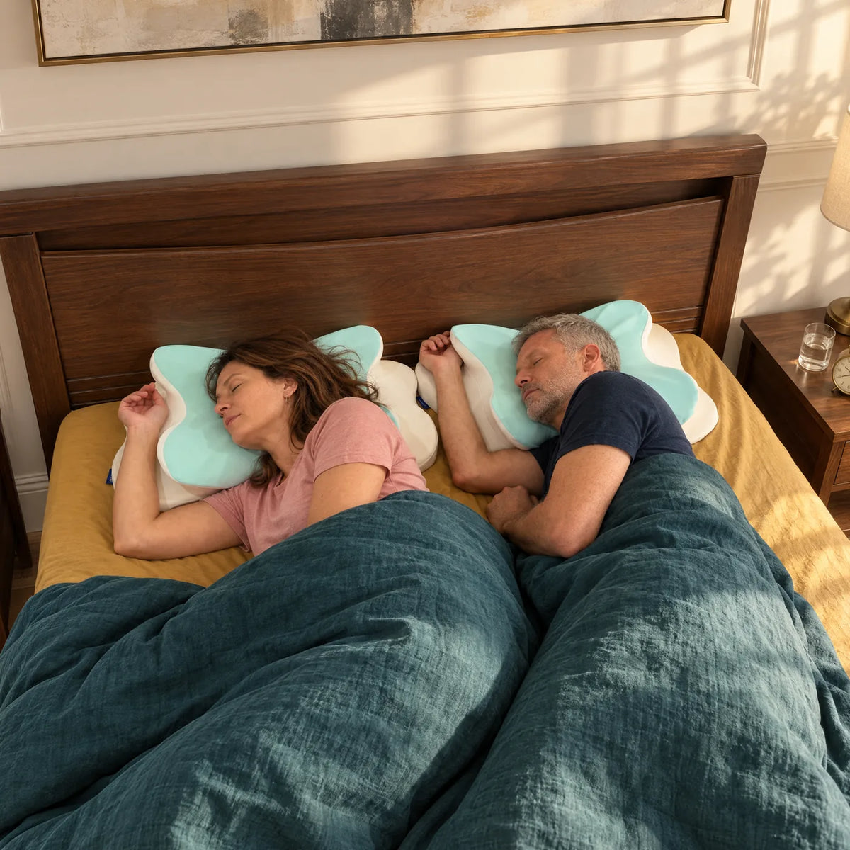 A couple still asleep in the morning sun, each on their own Butterfly Pillow