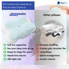 Sleepsake Butterfly Pillow vs other pillows: soft but supportive, see your sleep score go up, keeps its shape for years, hassle free returns, 100 night trial
