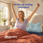 Woman sitting up in bed stretching after a great night's sleep on Sleepsake Butterfly Pillows: wake up feeling refreshed