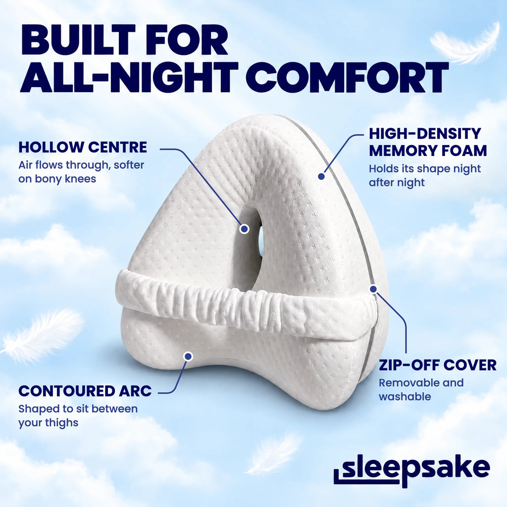 Sleepsake knee pillow features: hollow centre, high-density memory foam, contoured arc for the thighs and a zip-off washable cover
