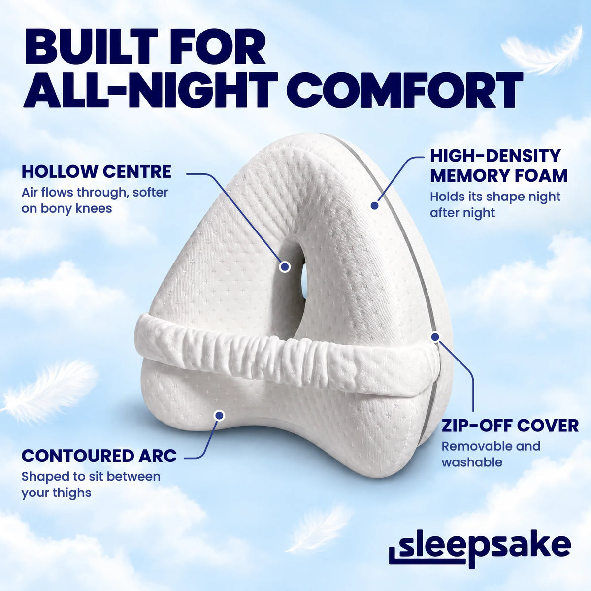 Sleepsake knee pillow features: hollow centre, high-density memory foam, contoured arc for the thighs and a zip-off washable cover