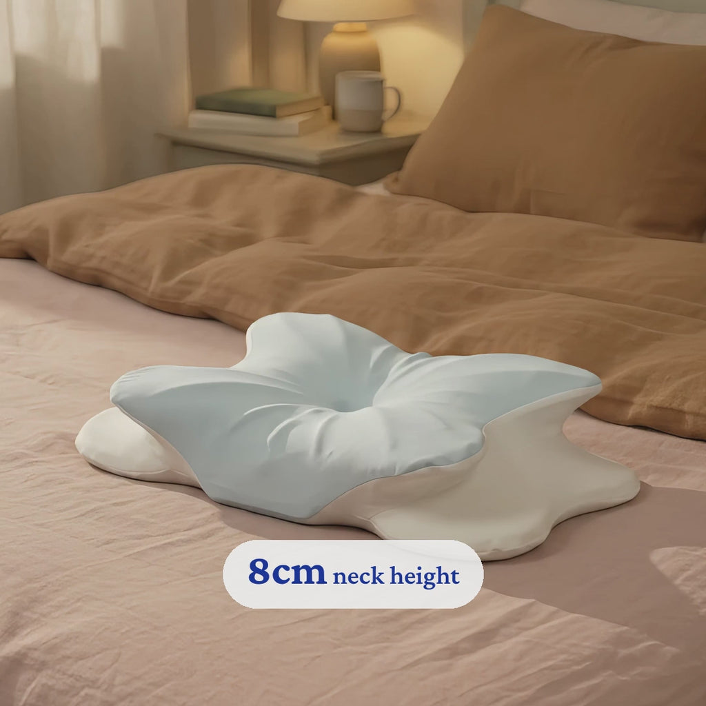 The Sleepsake Butterfly Pillow turning on a bed from its 8cm neck height to its 11cm one and back