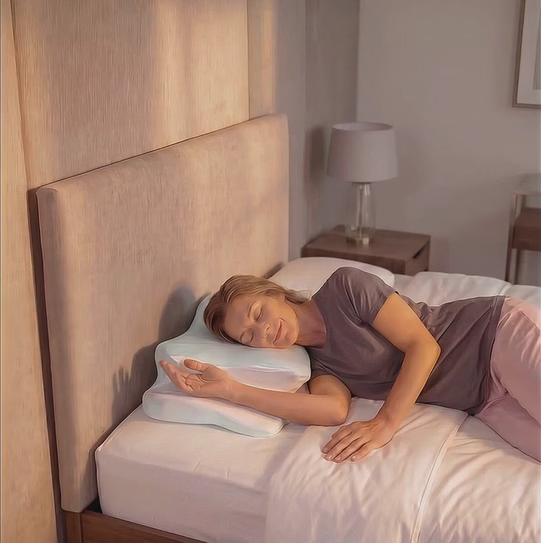 Lady sleeping peacefully on the Sleepsake Butterfly Pillow with her arms on the arm channel