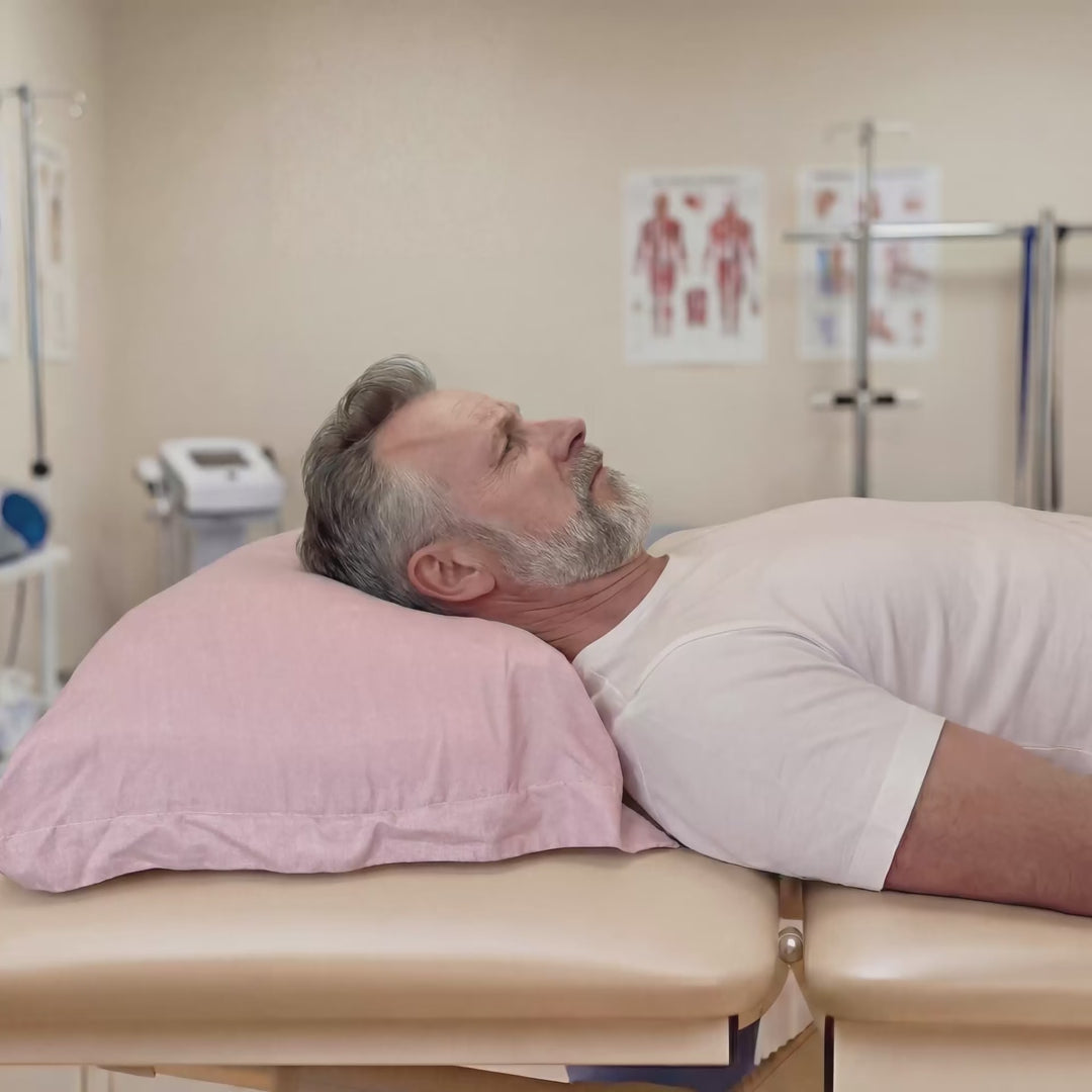 An animation showing the difference between a flat pillow causing chin-tuck and a Sleepsake Butterfly pillow that aligns your spine.