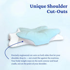 Butterfly pillow with unique shoulder cut-outs on a light blue background