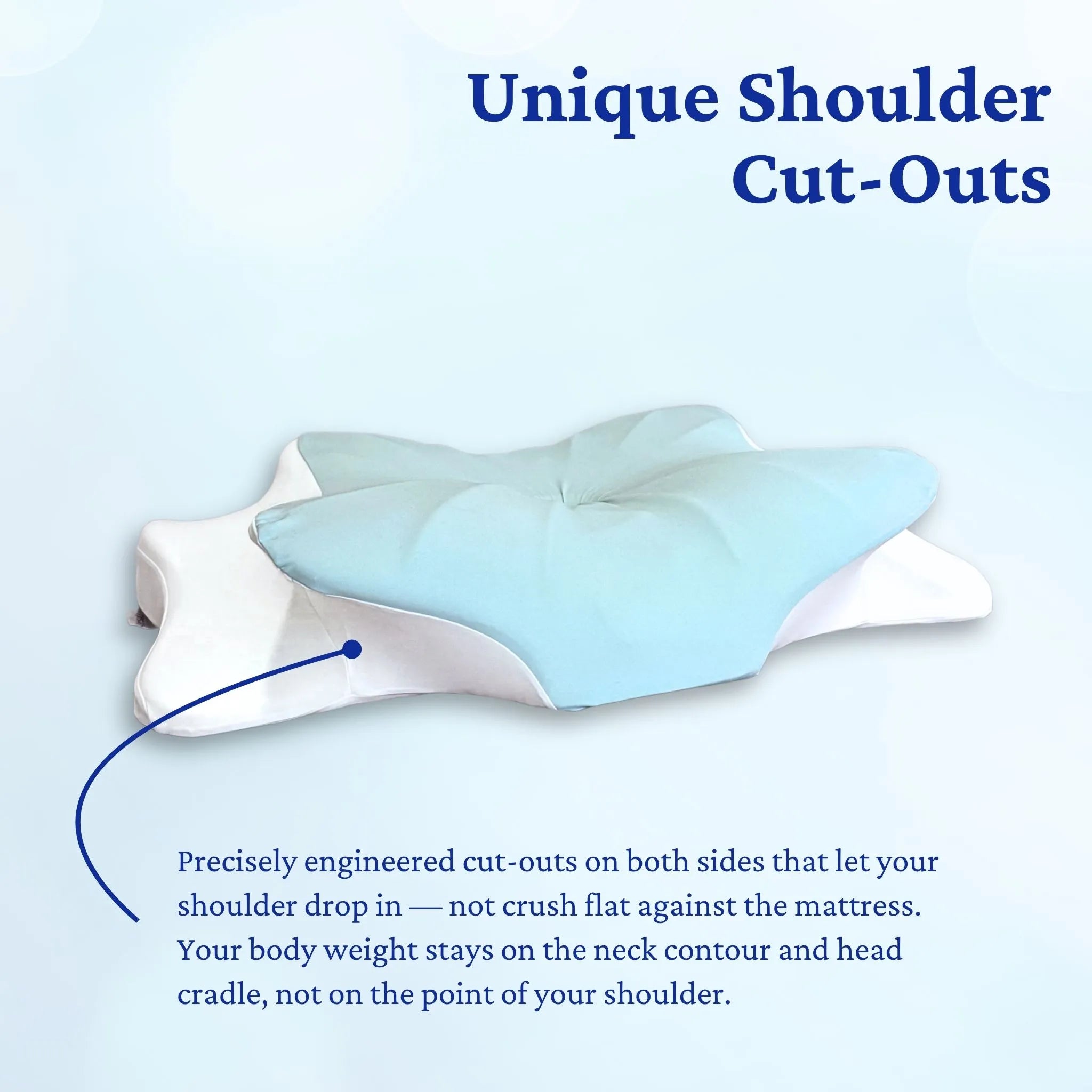 Butterfly pillow with unique shoulder cut-outs on a light blue background