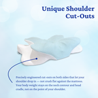 Butterfly pillow with unique shoulder cut-outs on a light blue background