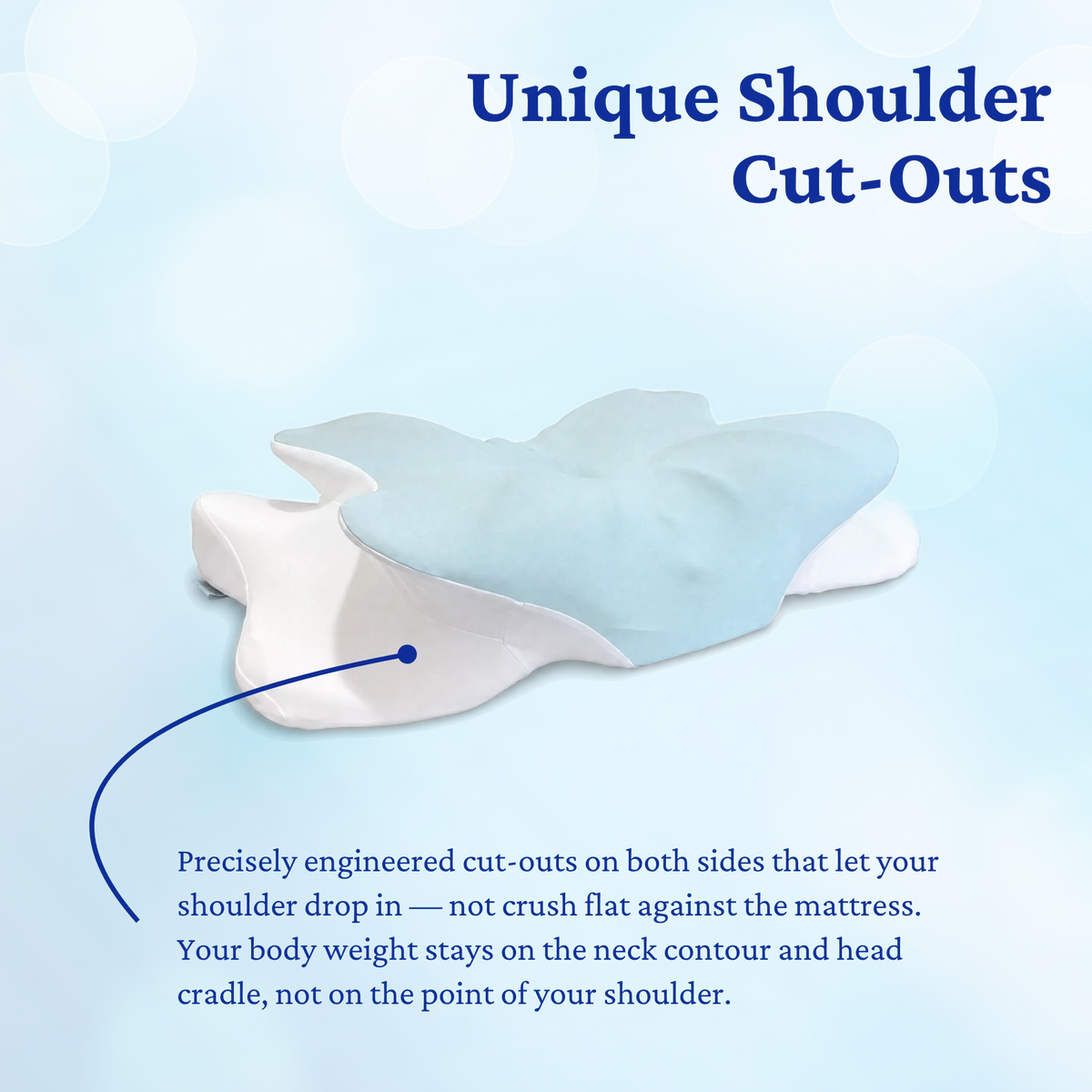 Butterfly pillow with unique shoulder cut-outs on a light blue background